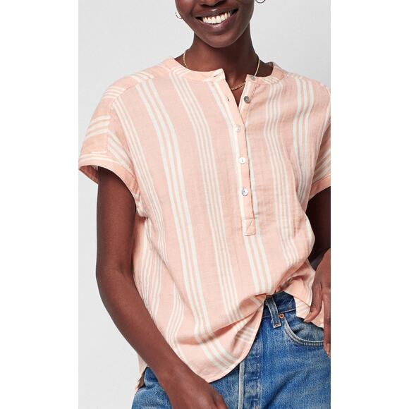 Faherty Tops - Faherty Dream Cotton Gauze Desmond Top Sepia Neutral Stripe